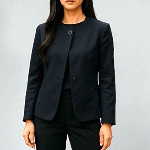 Vintage 90’s Donna Karan Collarless Wool Jacket In Midnight Navy | Size 14